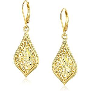 🆕Women's 14K Gold 1 Plated 925 Sterling Filigree Dangling Lever back Earrings